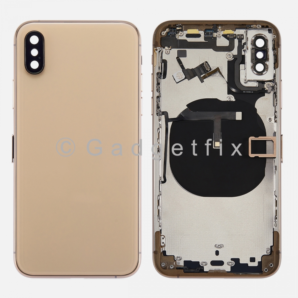 Gold Battery Back Glass Door + Mid Frame + Camera Lens + NFC & Volume Flex For Iphone XS