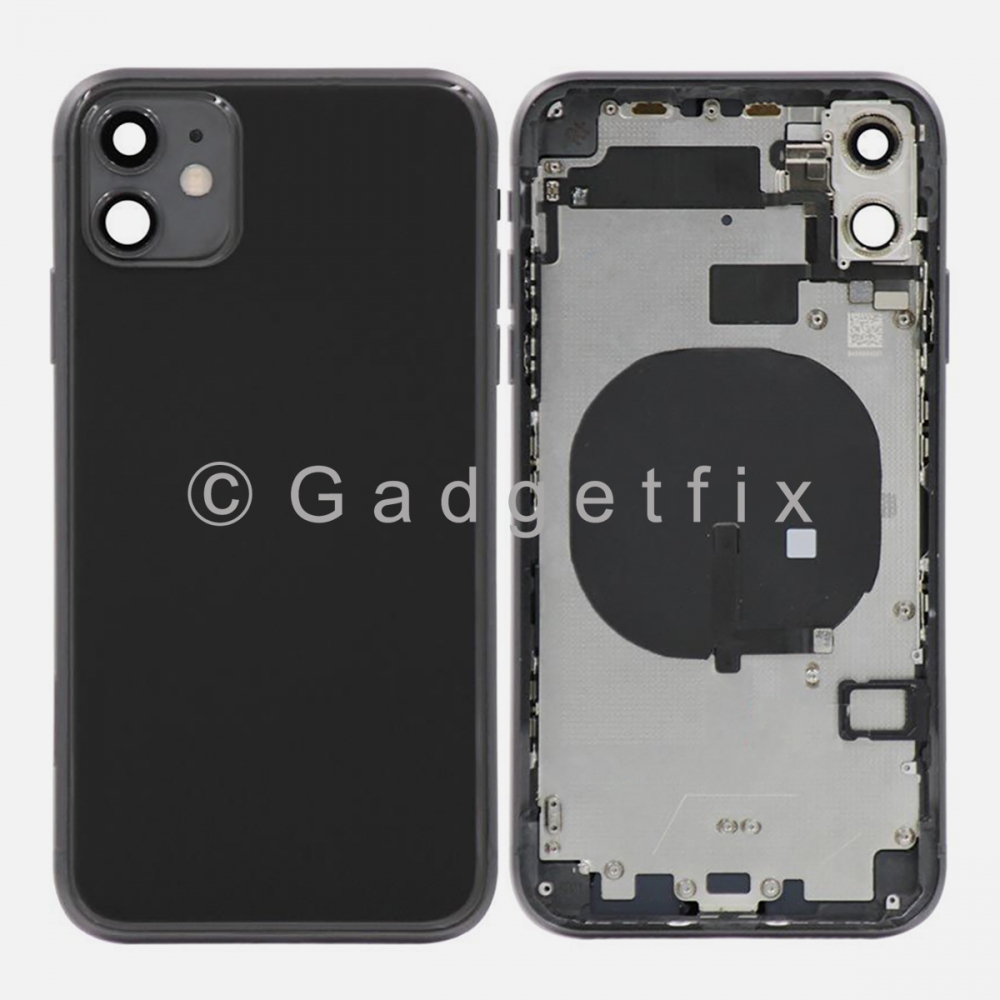 Black Battery Back Glass Door + Mid Frame + Camera Lens + NFC & Volume Flex For Iphone 11