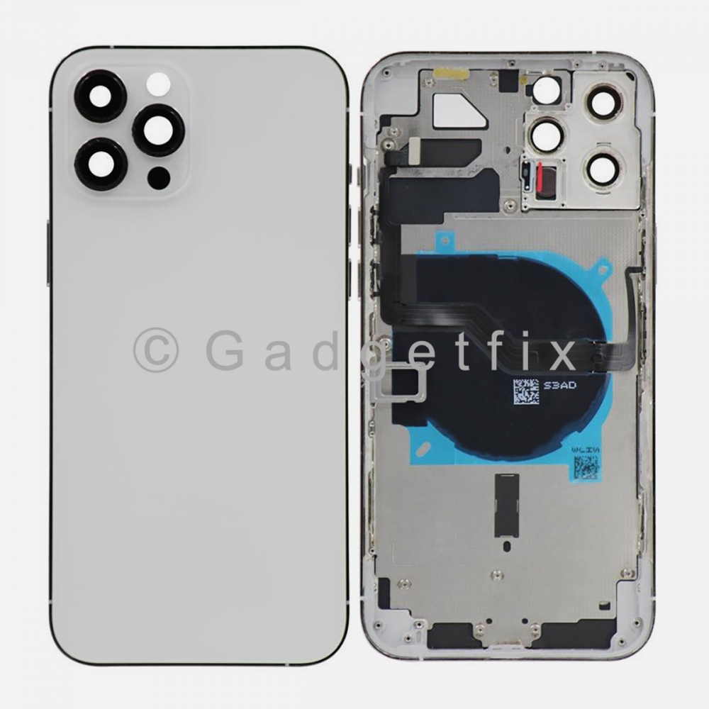 Silver Battery Back Glass Door + Mid Frame + Camera Lens + NFC & Volume Flex For iPhone 12 Pro Max