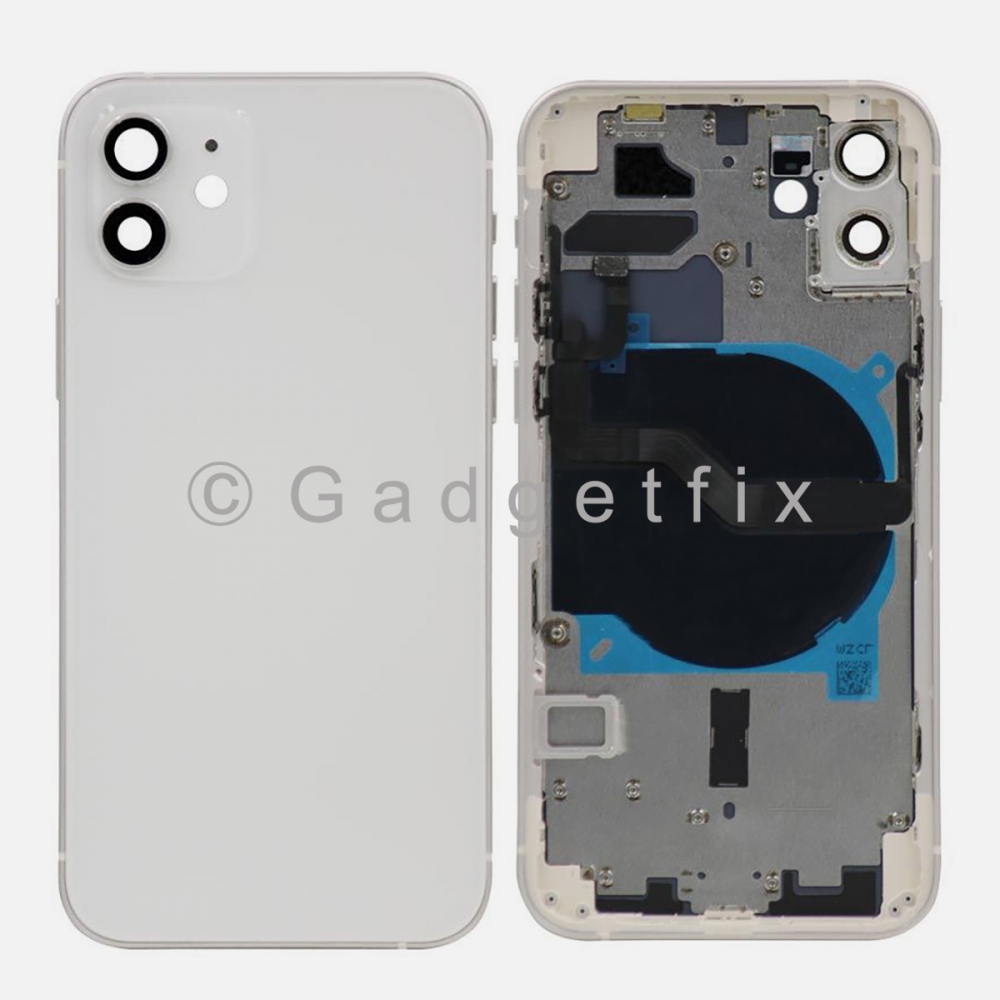 White Battery Back Glass Door + Mid Frame + Camera Lens + NFC & Volume Flex For Iphone 12 