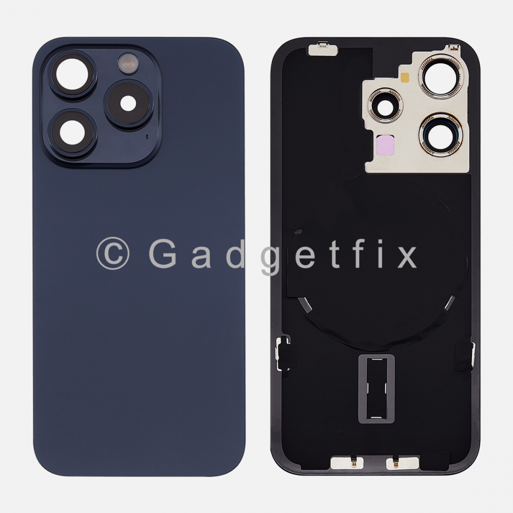 Blue Rear Back Cover Battery Door w/ Frame + Camer Lens Magsafe Magnet For Iphone 15 Pro