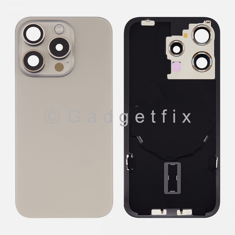 Natural Rear Back Cover Battery Door w/ Frame + Camer Lens Magsafe Magnet For Iphone 15 Pro