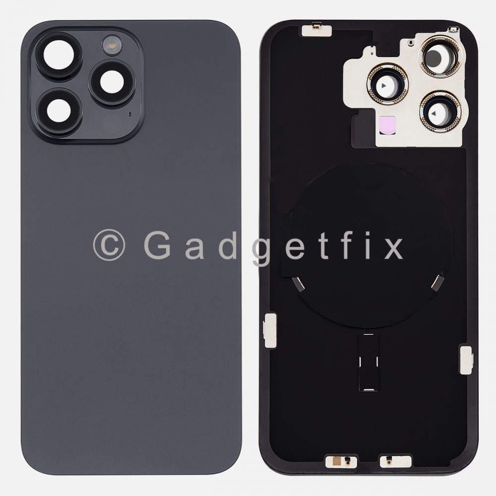 Black Rear Back Cover Battery Door w/ Frame + Camer Lens Magsafe Magnet For Iphone 15 Pro Max