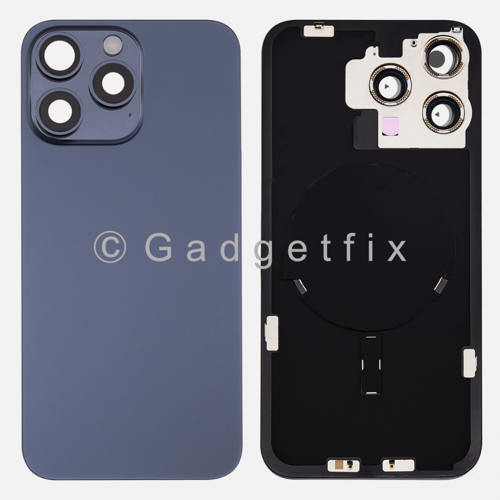 Blue Rear Back Cover Battery Door w/ Frame + Camer Lens Magsafe Magnet For Iphone 15 Pro Max