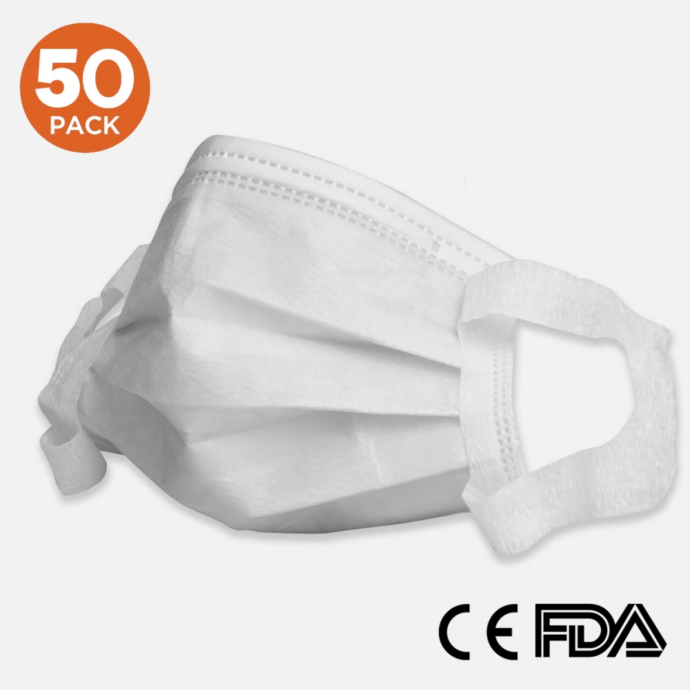 50 Pack White Surgical 3 Ply Disposable Face Masks Wide Soft Ear Loop Breathable